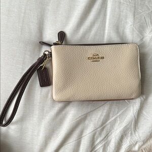 Coach Cream and Brown Pebbled Leather Wristlet